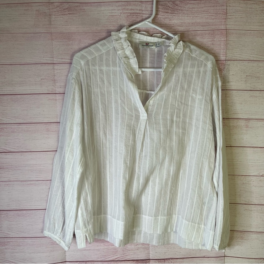 Vineyard Vines White Cotton Metal Fiber Stripe Ruffle Neck Pullover Blouse XS